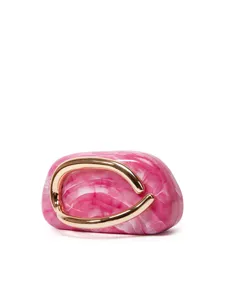 Pink marbled hard-shell evening clutch bag with glossy gold metal handle detail for women.