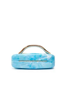 Blue marble resin hard clutch detail view with luxury gold metal top handle hardware.