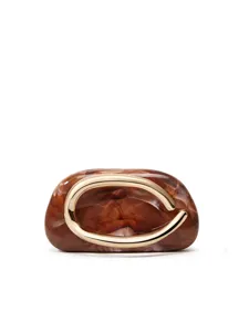 Detailed view of brown resin marbled clutch bag featuring a sleek gold-tone metal handle.