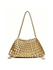 Gold woven leather shoulder bag for women, chic braided handbag with stylish drawstring details.