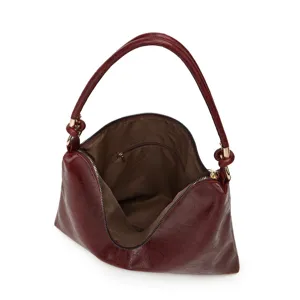 Klassische burgunderrote weiche Leder-Hobo-Handtasche mit Reißverschluss und Innentasche.