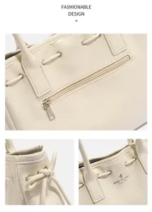 Nahaufnahmen der beige-farbenen Vintage-Tasche mit Details zu Textur, Riemen und Reißverschluss.