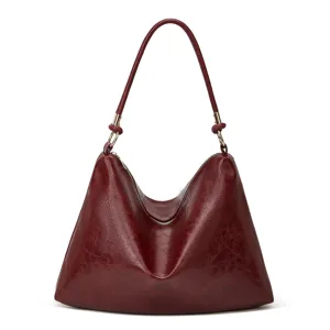 Weiche Leder Hobo Schultertasche Vintage Freizeit Handtasche Detailansicht in dunklem Rot.