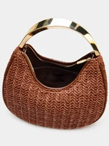 Brown woven dumpling handbag with gold metallic handle chic hobo purse for women main view