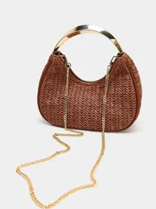 Elegant brown woven crescent shoulder bag with gold metal handle and chain strap for women.