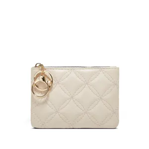 Porte-monnaie matelassé beige avec anneau doré, étui compact en cuir PU pour femmes.