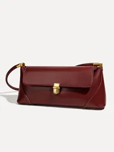 Vintage Burgundy Shoulder Bag Elegance PU Leather Chic Underarm Handbag Gold Hardware