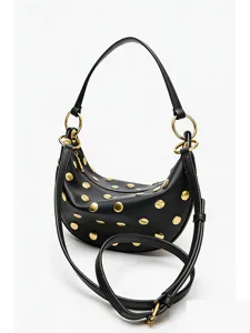 Sac Bandoulière Croissant Rivet Rétro en Cuir PU Petit Sac d'Épaule Vintage Couleur Unie Sac Main Décontracté pour Femmes