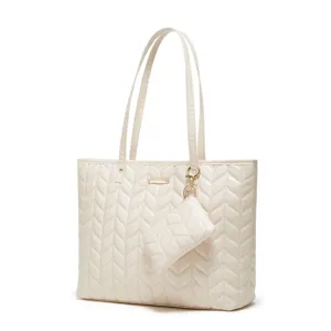 Sac cabas matelassé beige élégant avec petite pochette assortie, idéal pour les femmes.