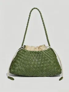 Retro woven leather shoulder bag fashion casual handbag elegant green bucket bag main