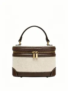 Mujer Moda Bloque de Color Lona PU Cuero Bolso de Mano Vintage Asa Superior Bolsa Casual Cosmético Maquillaje Almacenamiento Bolsa