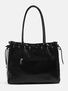 Schwarze Lackleder Damentasche, elegante große Schultertasche mit Reißverschluss und Kordel.