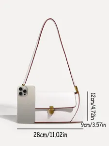 Detail view of white retro underarm shoulder bag showing dimensions, metal clasp and edges.
