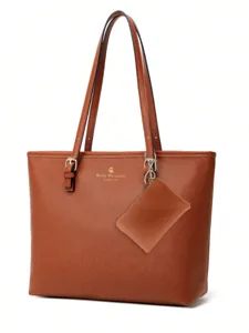 Bolso tote marrón de mujer en cuero saffiano, bolso de hombro grande con pequeño monedero.