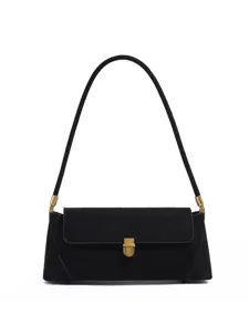 Elegant black suede underarm shoulder bag with gold-tone metal hardware and secure clasp closure.