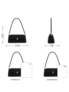 Retro suede underarm shoulder bag for women, classic black baguette bag with gold lock detail.