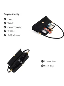 Black suede underarm bag detail showing large capacity and interior zipper compartment layout