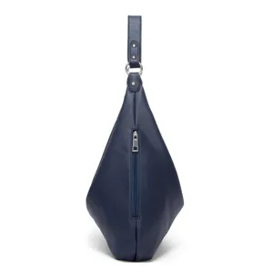 Dunkelblaue weiche Leder Schultertasche Shopper mit vertikalem Reißverschluss und Metalldetails.