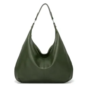 Dunkelgrüne weiche Leder Hobo Schultertasche Detailansicht, elegante Alltagstasche für Damen.
