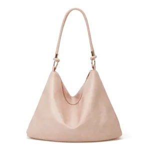 Rosa weiche Leder Schultertasche Detail, stilvolle slouchy Hobo Handtasche mit Metallteilen.