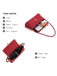 Detail shot showing large capacity suede underarm bag interior, zipper pocket and main compartment.