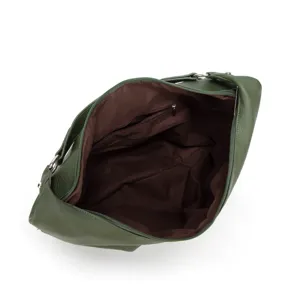 Detailansicht des dunkelgrünen Leder-Hobo-Tascheninneren mit braunem Futter und RV-Fach.