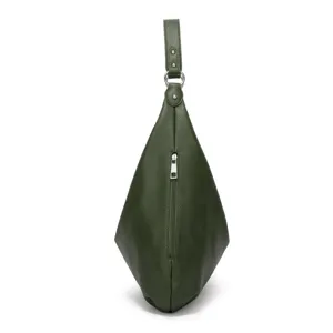 Dunkelgrüne weiche Leder Handtasche Detail, einzigartige vertikale Reißverschlusstasche.