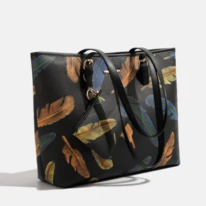 Schwarze Feder Print Shopper Tasche große Kapazität Schultertasche modische Handtasche mit Beutel