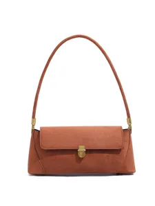 Chic brown suede shoulder bag with metal lock, retro underarm bag for stylish autumn wear.