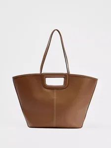 Elegante braune Ledertasche Shopper mit Ausschnitt Griff und weißen Nähten für Damen neu.