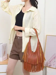 Vrouwen mode grote capaciteit bruine franje schoudertas casual shopper handtas mooi