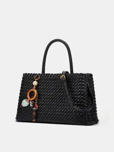 Black Woven Handbag Women Shoulder Crossbody Bag Fashion Casual Top Handle Tote with Charm