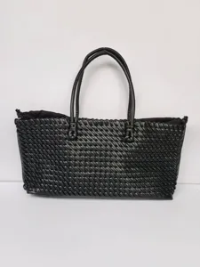 Bolso shopper trenzado de cuero negro para mujer, elegante bolso de hombro grande de trabajo.