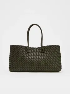 Bolso tote de cuero trenzado marrón oscuro para mujer, bolso de hombro grande y elegante.