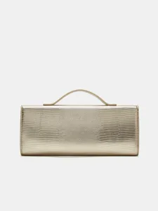 Gouden metallic avondtas clutch met handvat en stijlvolle hagedis textuur finish.