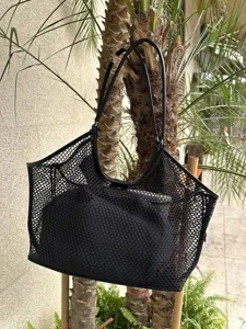 Schwarze Netztasche Damen, große Kapazität lässige Shopper Handtasche mit Innentasche.