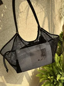 Schwarze Netztasche Shopper Damen, große Kapazität Retro Pendeln Schultertasche.