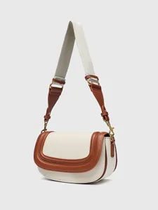 Elegante borsa a tracolla da donna in tela con finiture in pelle e larga tracolla.