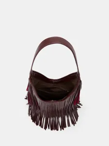 Bordeauxlederen schoudertas met franjes voor dames, stijlvolle hobo handtas met grote capaciteit.
