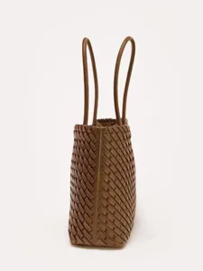Bolso tote de cuero trenzado marrón para mujer, gran capacidad, bolso de mano casual chic.