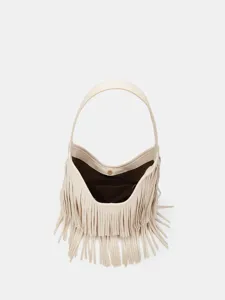Stijlvolle beige franje schoudertas voor dames, trendy hobo handtas met grote capaciteit voor de zomer.