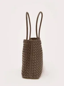 Bolso tote de cuero trenzado marrón oscuro, elegante bolso de hombro para trabajo y oficina.