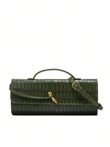 Olijfgroene krokodillenpatroon baguette tas met metalen knoopsluiting, elegante schoudertas.