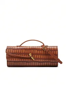 Bruine retro krokodillenmotief horizontale baguette tas, elegante schoudertas voor dames
