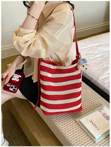Red and white striped woven bucket bag large capacity casual shoulder crossbody bag for women