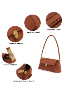 Retro suede shoulder bag detail view featuring frosted fabric, metal hardware, and straps.