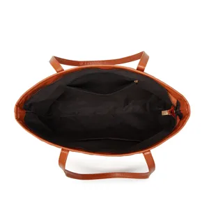 Sac cabas classique en cuir marron avec fermeture éclair et poche intérieure pour femmes.