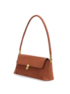 Vintage brown suede shoulder bag for women, elegant retro French style axillary handbag.