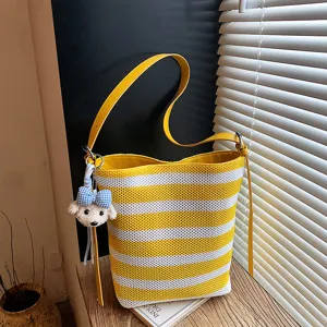 Women Casual Color Block Striped Woven Bucket Bag Large Capacity Single Shoulder Crossbody Handbag Fashion Tote