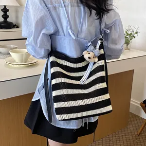 Black white striped woven bucket bag, casual large capacity shoulder crossbody bag for daily.